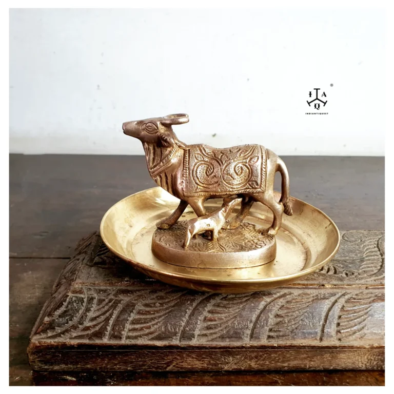 Large bronze Gomatha or Kamadhenu with her calf with original brass base plate