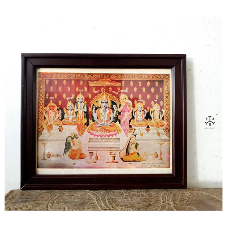 Narayan with gods original framed lithograph portrait by Bhura Lal Moti Lal