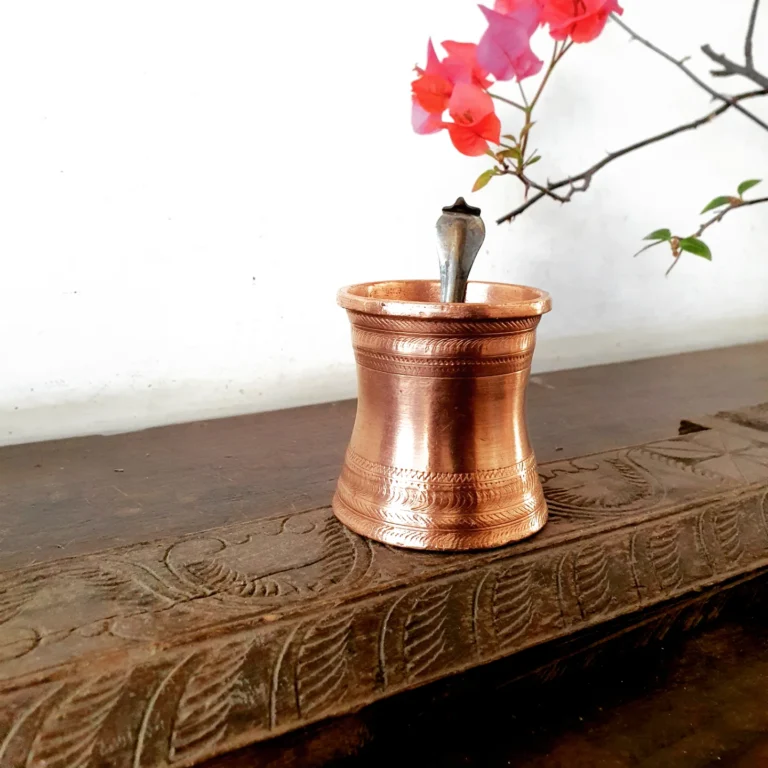 Compact Copper Panchapatra with carved Udarani/ Holy water container heavy cast - Image 3