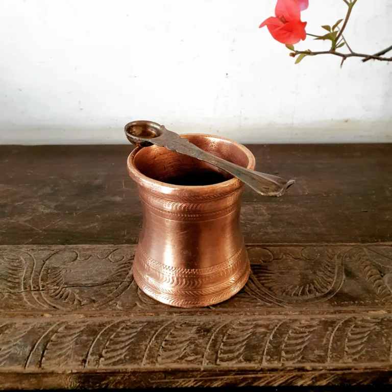 Compact Copper Panchapatra with carved Udarani/ Holy water container heavy cast - Image 2