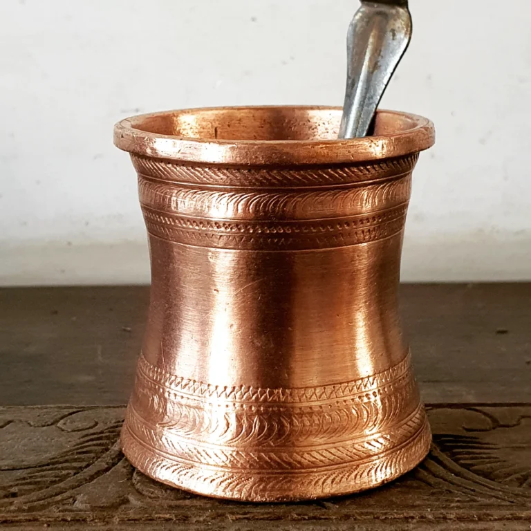 Compact Copper Panchapatra with carved Udarani/ Holy water container heavy cast - Image 11