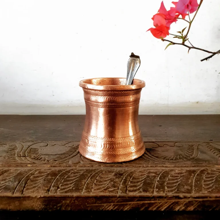 Compact Copper Panchapatra with carved Udarani/ Holy water container heavy cast - Image 10