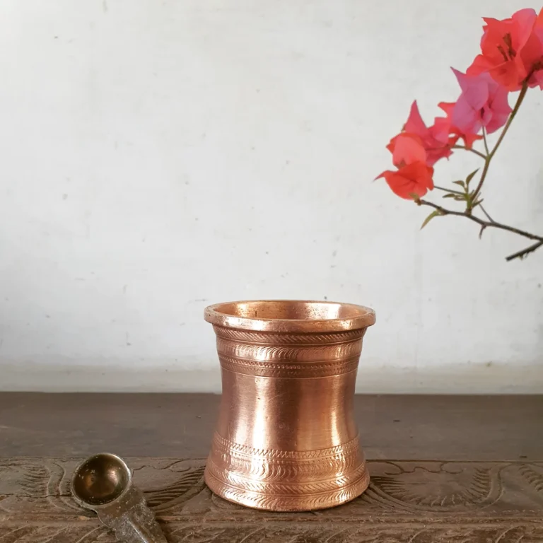 Compact Copper Panchapatra with carved Udarani/ Holy water container heavy cast - Image 9