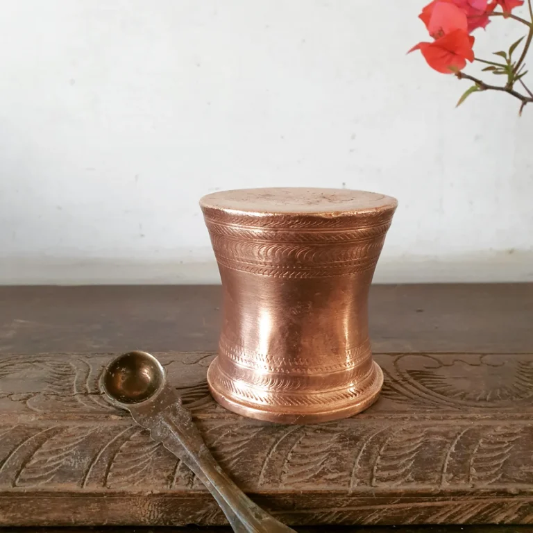 Compact Copper Panchapatra with carved Udarani/ Holy water container heavy cast - Image 6