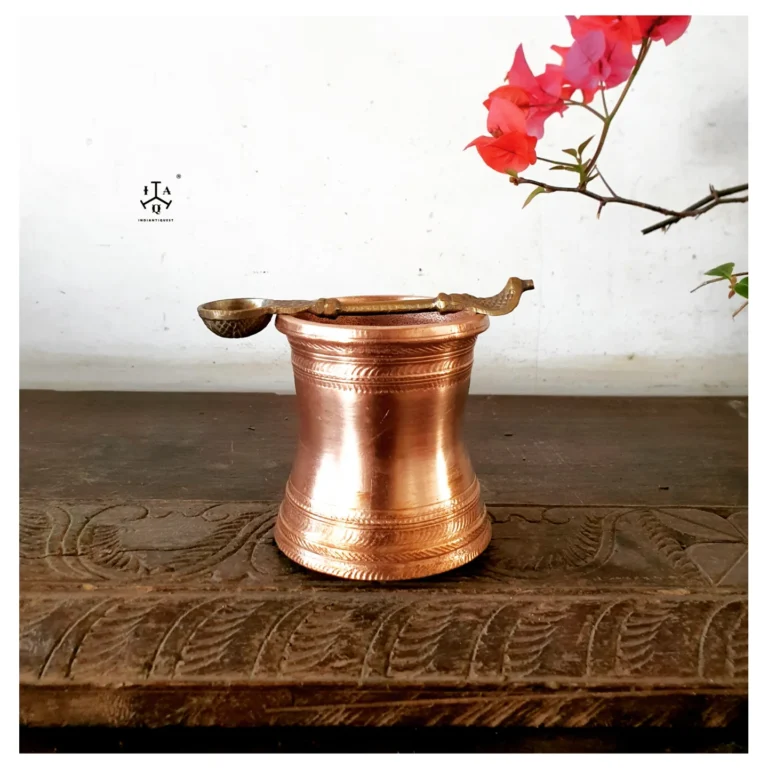 Classic Copper Panchapatra with carved bronze Udarani