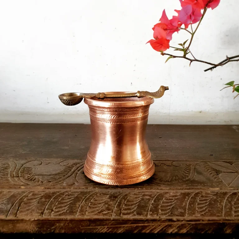 Classic Copper Panchapatra with carved bronze Udarani - Image 2