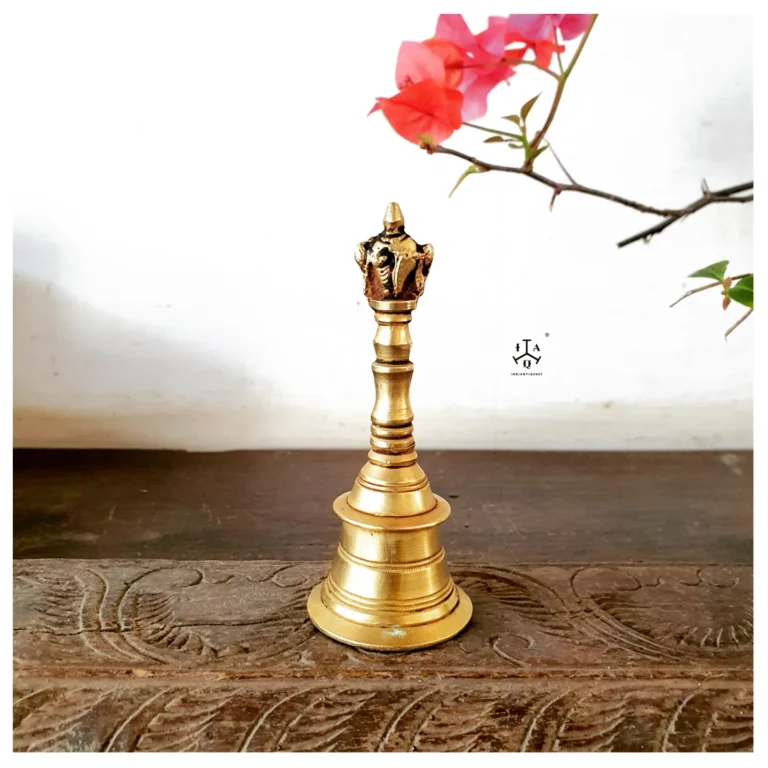 Vaishnavaite compact hand held bronze bell with auspicious symbology of Vishnu's Sangha & Chakkra