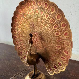 Vintage brass peacock red enameled etched fine art showpiece fully embossed