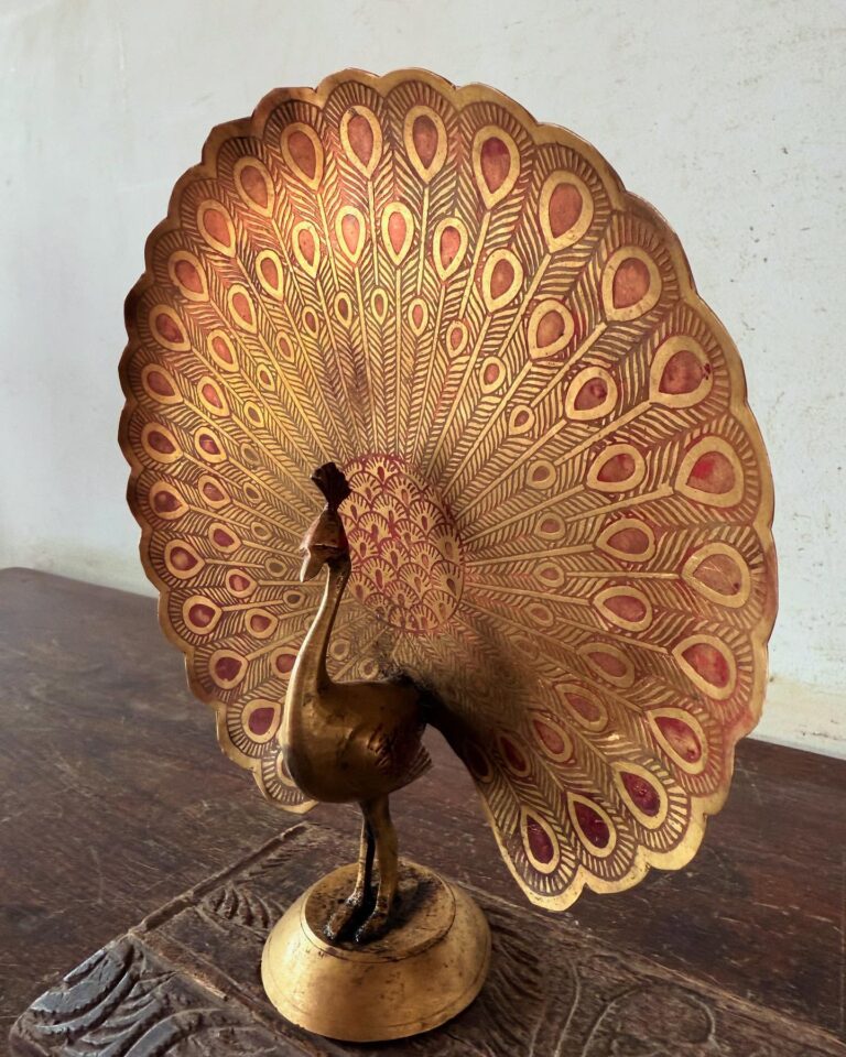 Vintage brass peacock red enameled etched fine art showpiece fully embossed