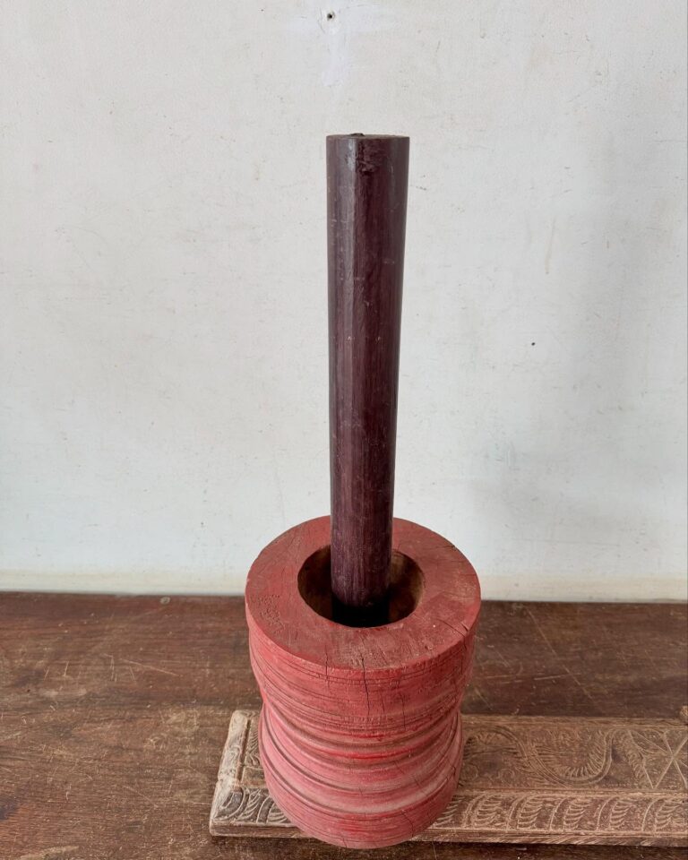 Chettinadu Burmese teakwood Mortar coloured with Ochre colour Vegetable dye, unique colour turned ring pattern side with Rosewood Pestle - Image 6
