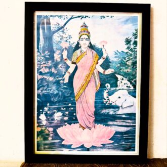 Antique Raja Ravi Varma’s Glitters embellished Lakshmi lithograph framed portrait