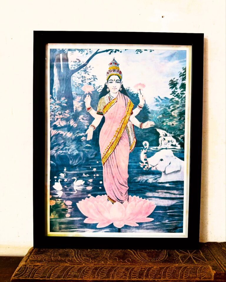 Antique Raja Ravi Varma’s Glitters embellished Lakshmi lithograph framed portrait