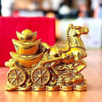 Feng Shui prosperity golden galloping horse with cart filled with golden bowl, gold coins all around