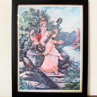 Antique Raja Ravi Varma’s Glitters embellished Saraswathi Lithograph framed portrait