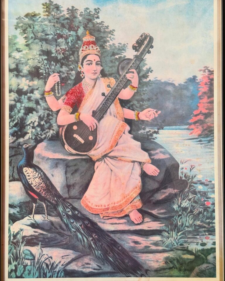 Antique Raja Ravi Varma’s Glitters embellished Saraswathi Lithograph framed portrait - Image 3
