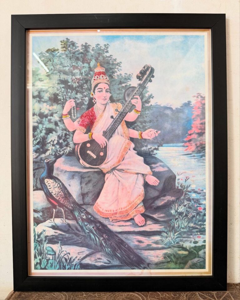 Antique Raja Ravi Varma’s Glitters embellished Saraswathi Lithograph framed portrait - Image 2