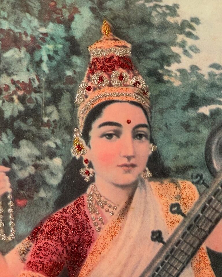 Antique Raja Ravi Varma’s Glitters embellished Saraswathi Lithograph framed portrait - Image 4