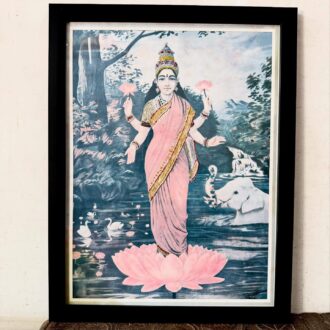 Antique Raja Ravi Varma’s Glitters embellished Lakshmi lithograph framed portrait