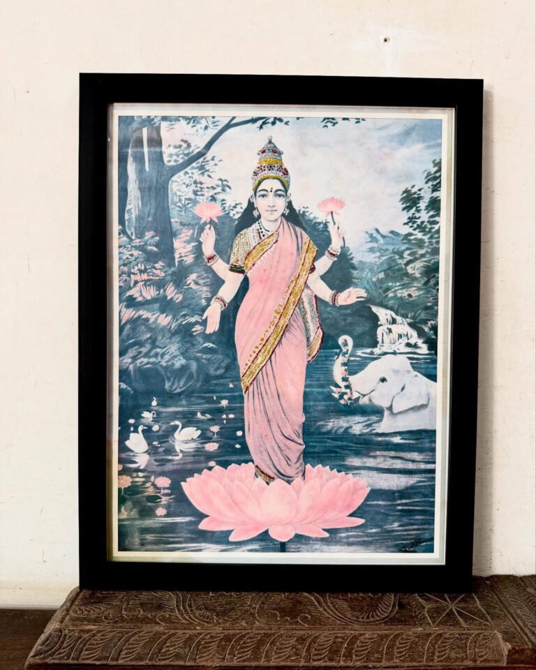 Antique Raja Ravi Varma’s Glitters embellished Lakshmi lithograph framed portrait