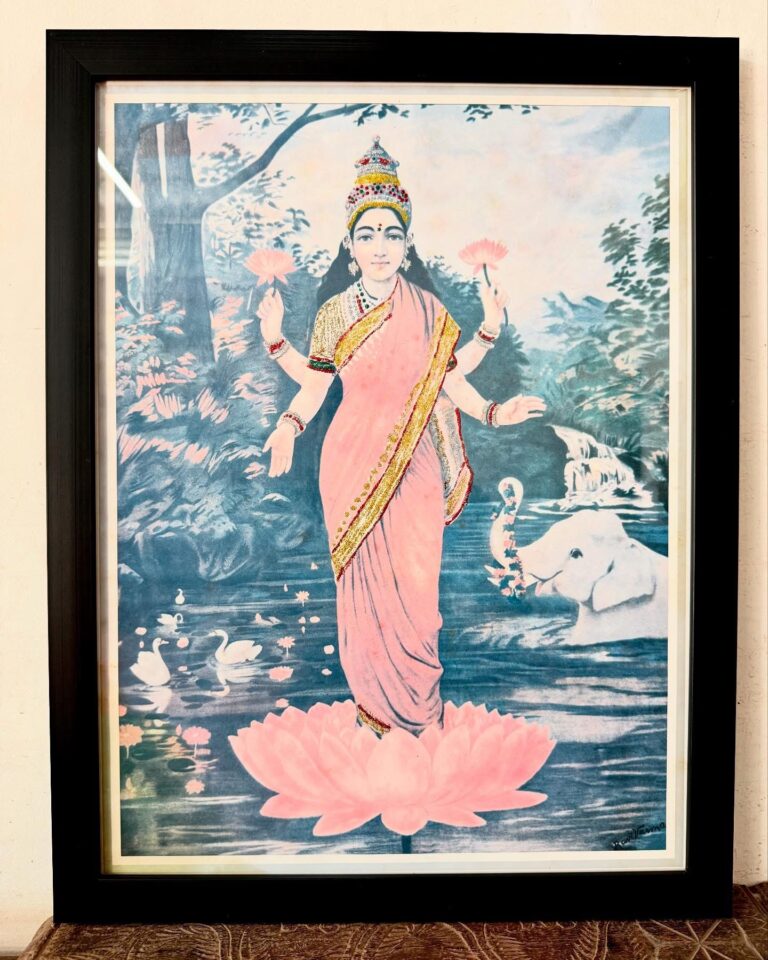 Antique Raja Ravi Varma’s Glitters embellished Lakshmi lithograph framed portrait - Image 2
