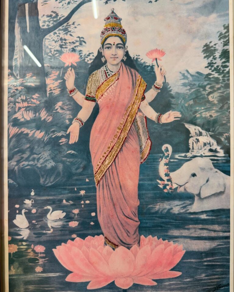 Antique Raja Ravi Varma’s Glitters embellished Lakshmi lithograph framed portrait - Image 3