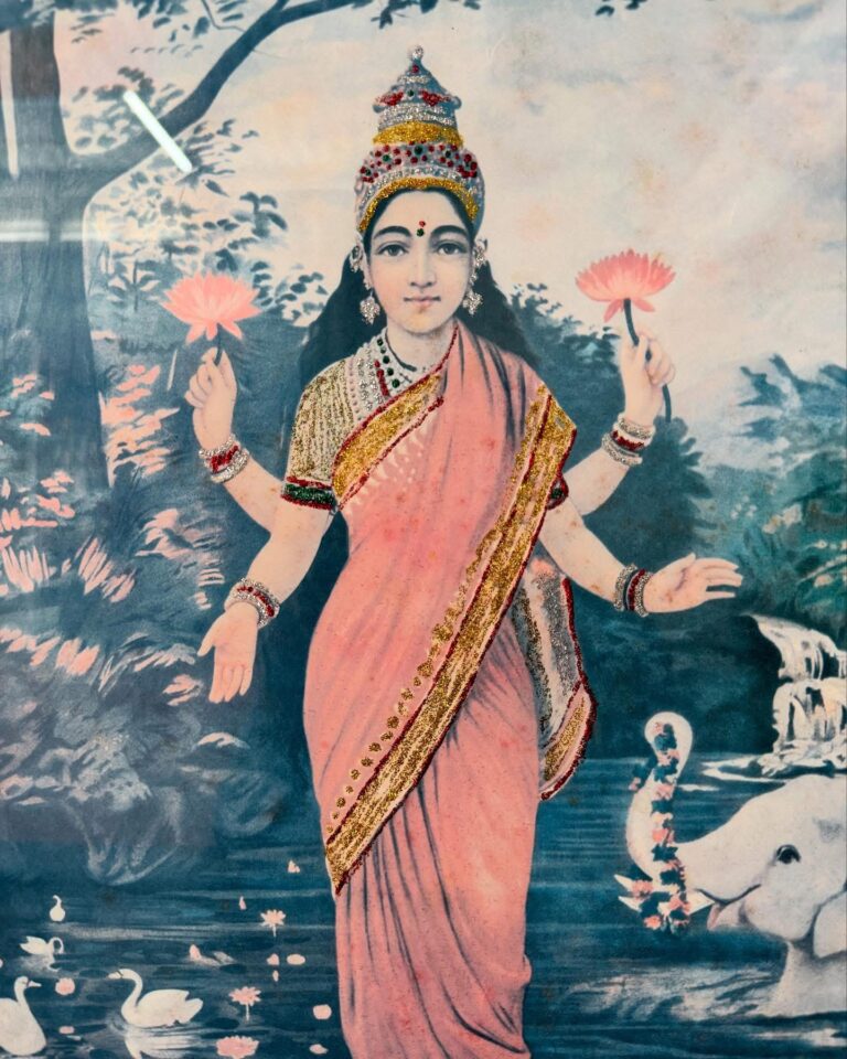 Antique Raja Ravi Varma’s Glitters embellished Lakshmi lithograph framed portrait - Image 4