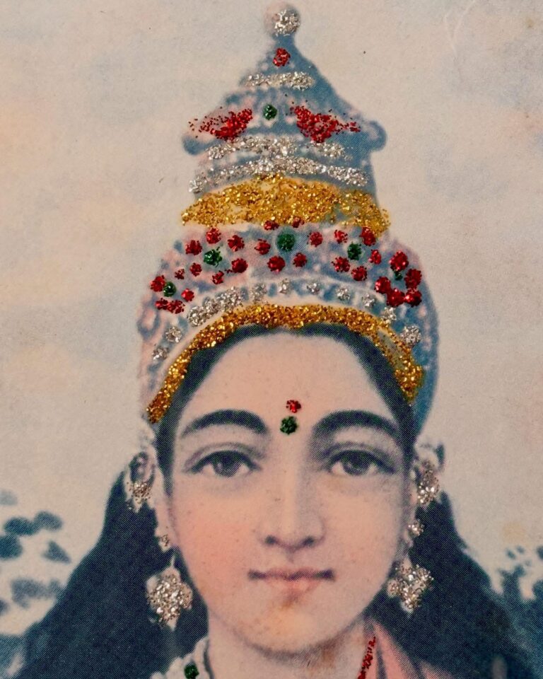 Antique Raja Ravi Varma’s Glitters embellished Lakshmi lithograph framed portrait - Image 5