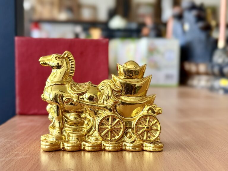 Feng Shui prosperity golden galloping horse with cart filled with golden bowl, gold coins all around - Image 3