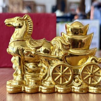 Feng Shui prosperity golden galloping horse with cart filled with golden bowl, gold coins all around
