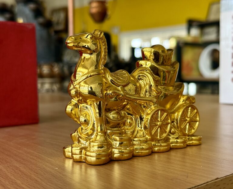 Feng Shui prosperity golden galloping horse with cart filled with golden bowl, gold coins all around - Image 5