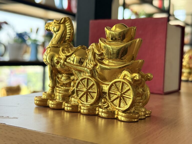 Feng Shui prosperity golden galloping horse with cart filled with golden bowl, gold coins all around - Image 4