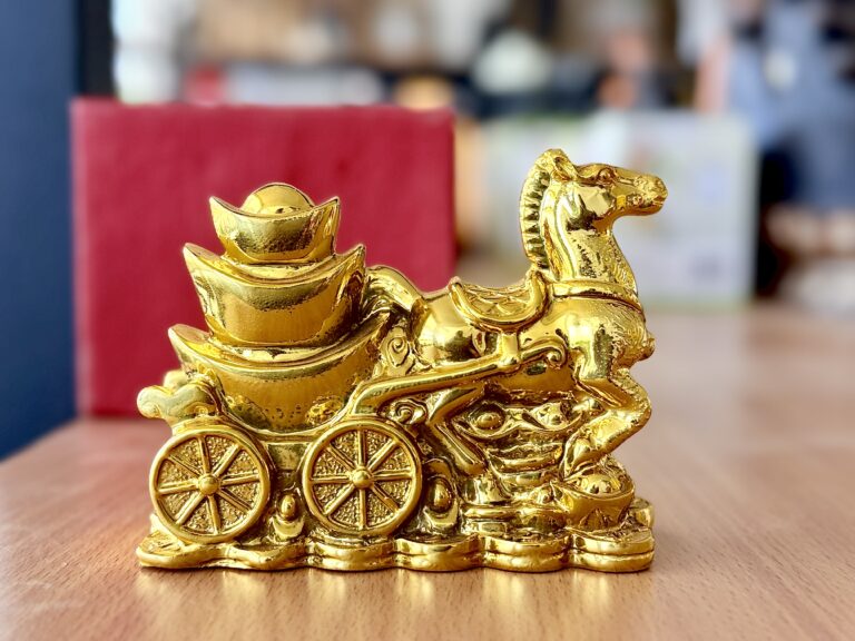 Feng Shui prosperity golden galloping horse with cart filled with golden bowl, gold coins all around - Image 2
