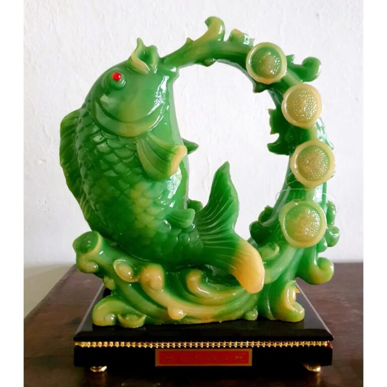 Feng shui Green Carp leaping out of strong current biting on a pearl - Image 2
