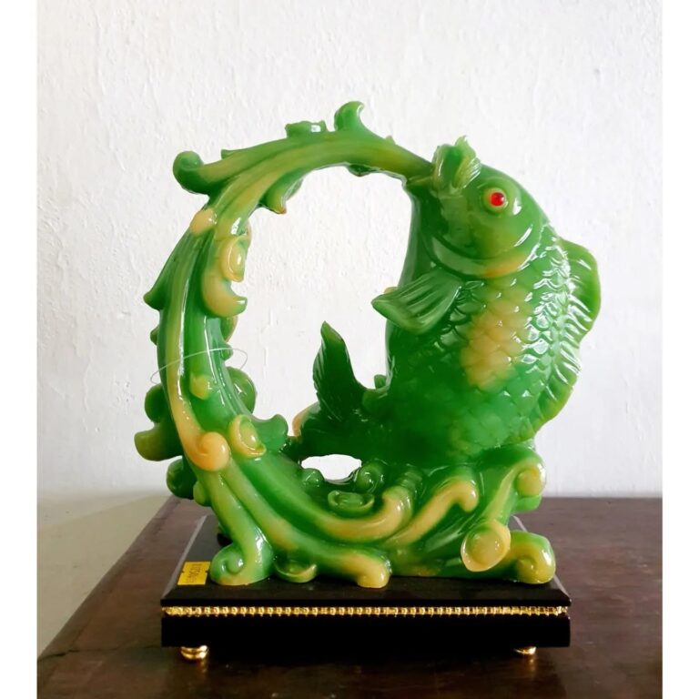 Feng shui Green Carp leaping out of strong current biting on a pearl - Image 3