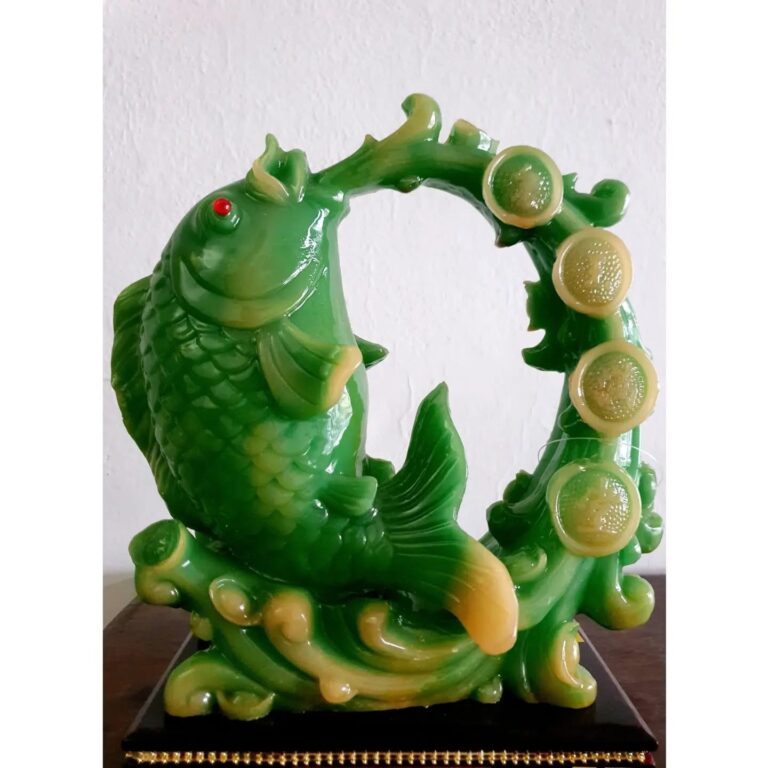 Feng shui Green Carp leaping out of strong current biting on a pearl - Image 4
