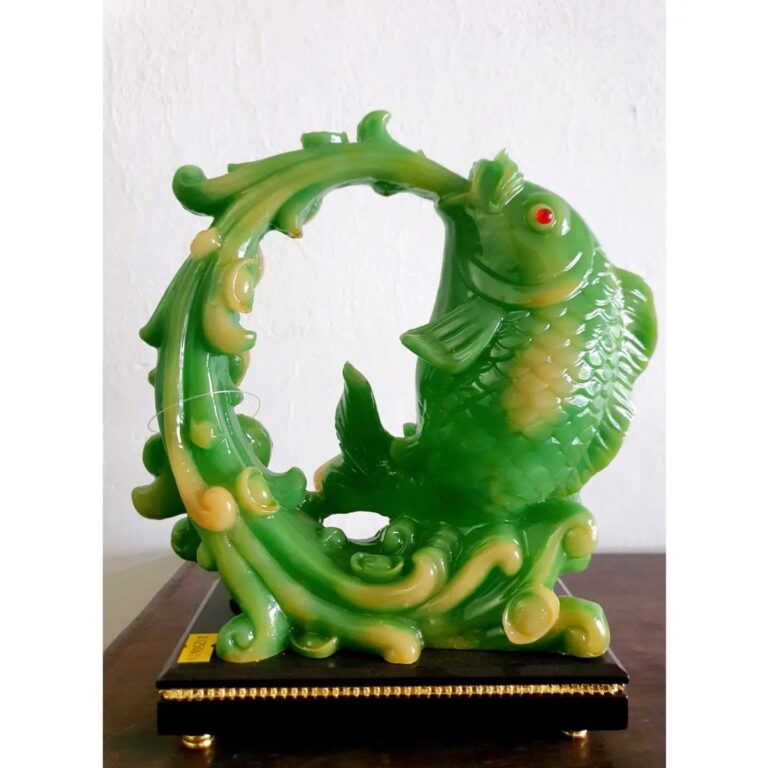 Feng shui Green Carp leaping out of strong current biting on a pearl - Image 5
