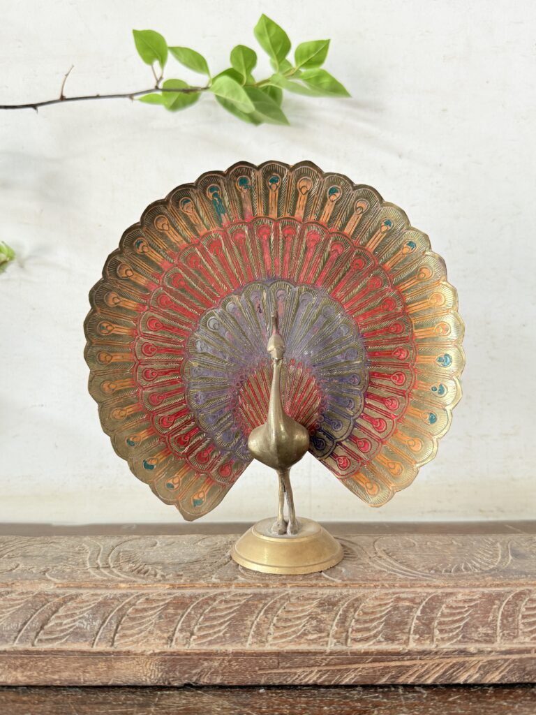 Vintage brass peacock multi colour enamelled etched fine art piece - Image 2