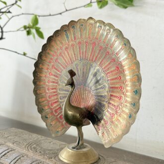 Vintage brass peacock multi colour enamelled etched fine art piece