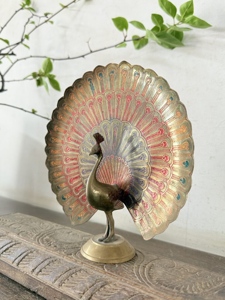 Vintage brass peacock multi colour enamelled etched fine art piece