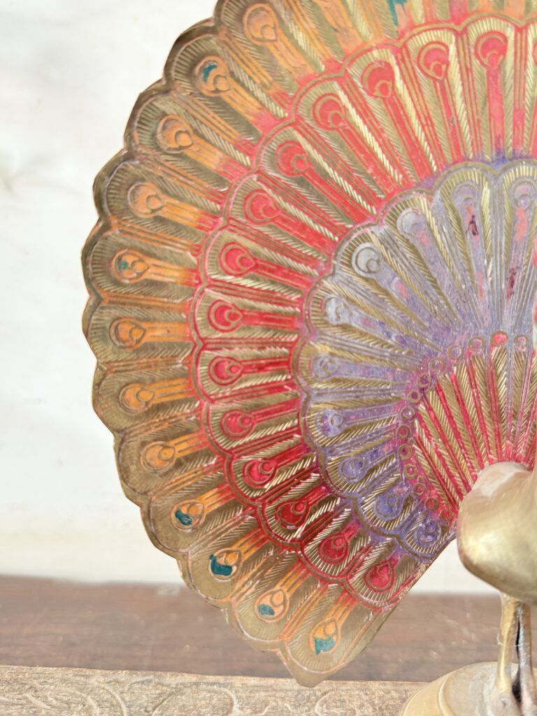 Vintage brass peacock multi colour enamelled etched fine art piece - Image 5