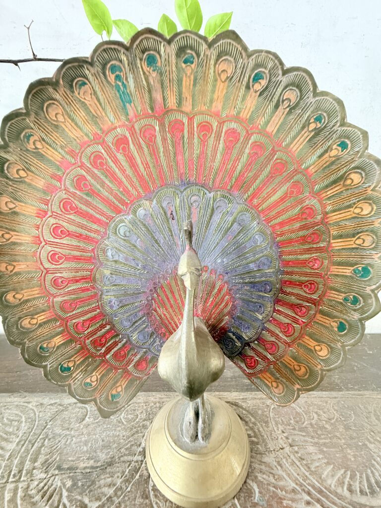 Vintage brass peacock multi colour enamelled etched fine art piece - Image 4