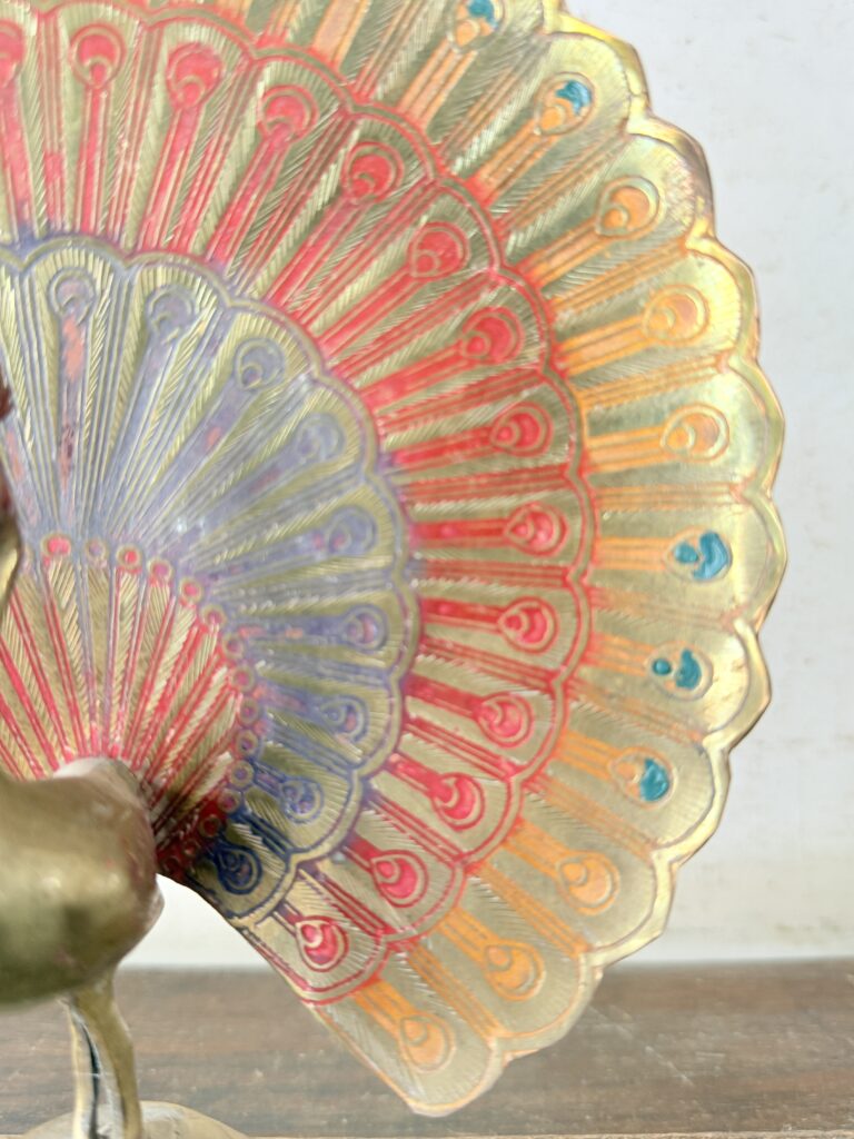 Vintage brass peacock multi colour enamelled etched fine art piece - Image 6