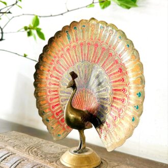 Vintage brass peacock multi colour enamelled etched fine art piece