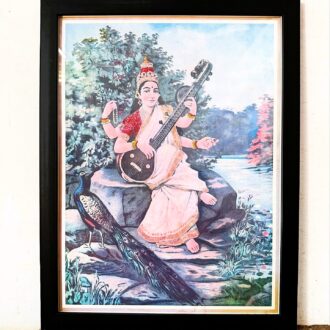 Antique Raja Ravi Varma’s Glitters embellished Saraswathi Lithograph framed portrait