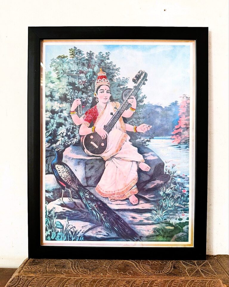 Antique Raja Ravi Varma’s Glitters embellished Saraswathi Lithograph framed portrait