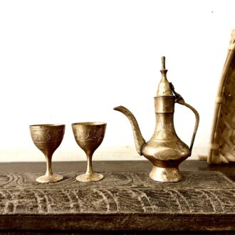 Persian Surahi tea jug with two cups classic bronze etched heavy cast