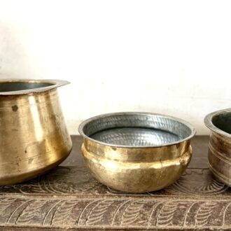 Classic compact reheat and serveware set of three tinned brass vessels