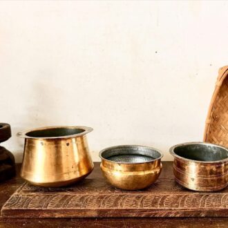 Classic compact reheat and serveware set of three tinned brass vessels
