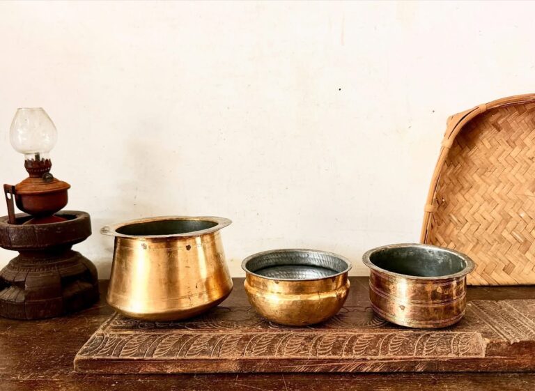Classic compact reheat and serveware set of three tinned brass vessels