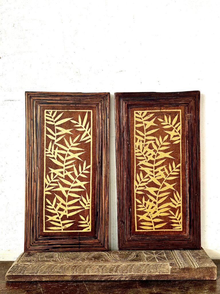 Boho style decor wall panel set of two featuring leaf pattern wood made